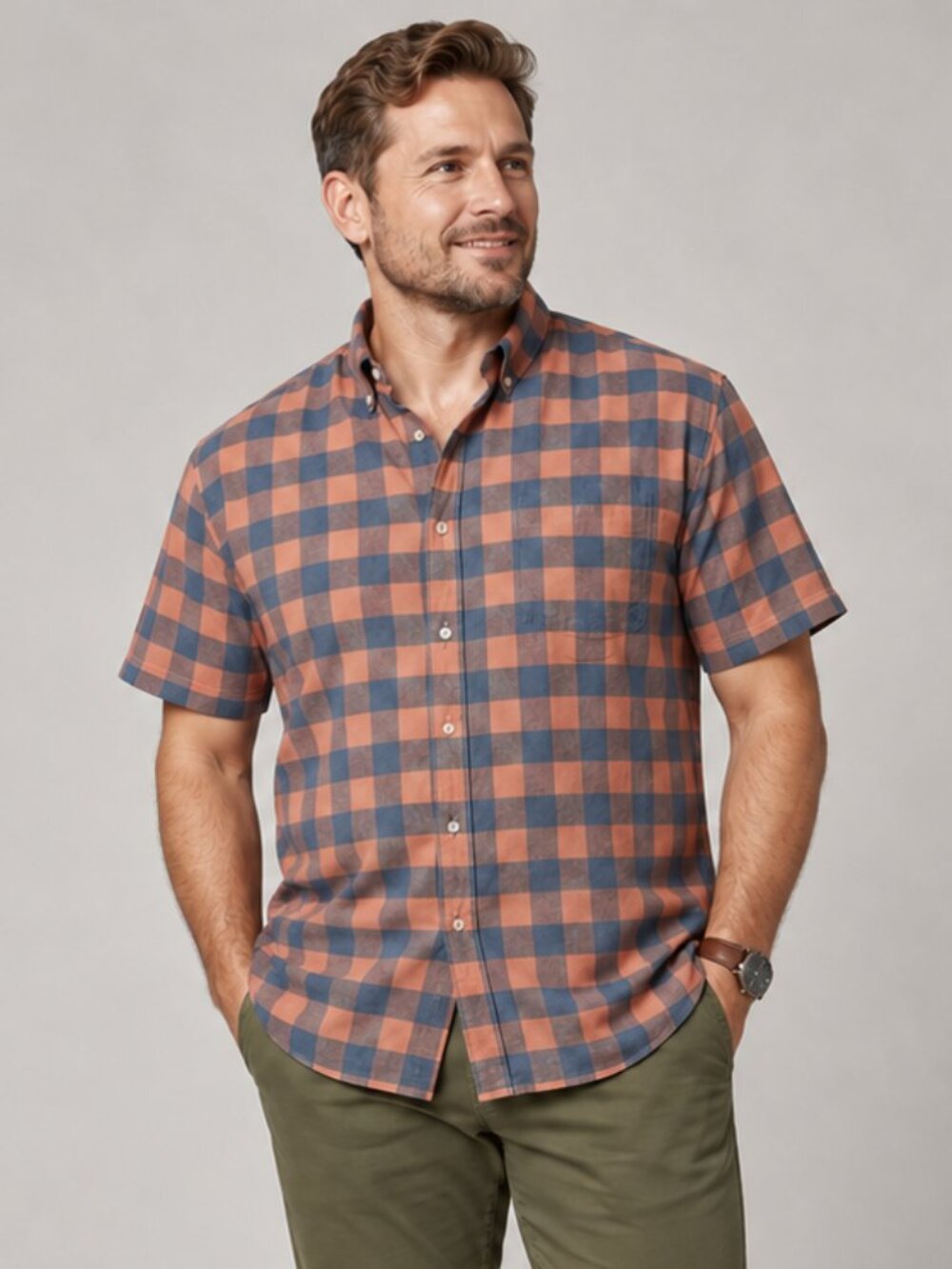 The Normal Brand Orange Blue Plaid Short Sleeve Shirt Men’s XL